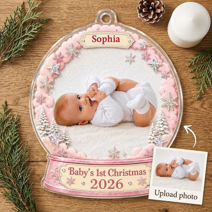Pink snow globe acrylic ornament with "Baby's 1st Christmas", name banner, year base, and baby photo frame