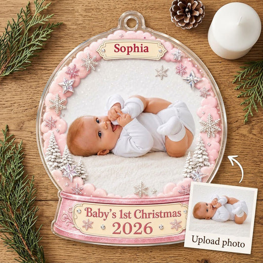 Pink snow globe acrylic ornament with "Baby's 1st Christmas", name banner, year base, and baby photo frame