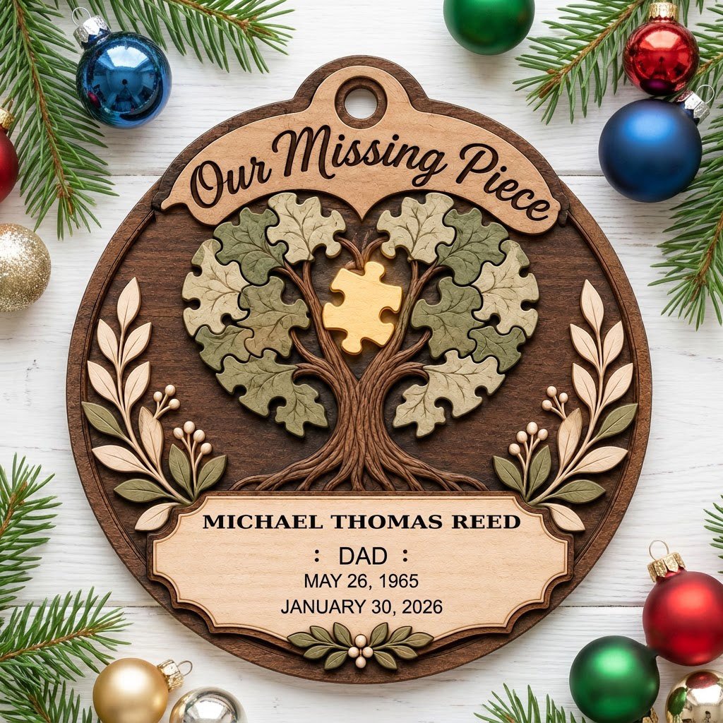 Round wood ornament displays “Our Missing Piece” with a puzzle-piece family tree and a gold missing piece at the center.