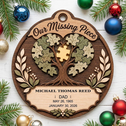 Round wood ornament displays “Our Missing Piece” with a puzzle-piece family tree and a gold missing piece at the center.