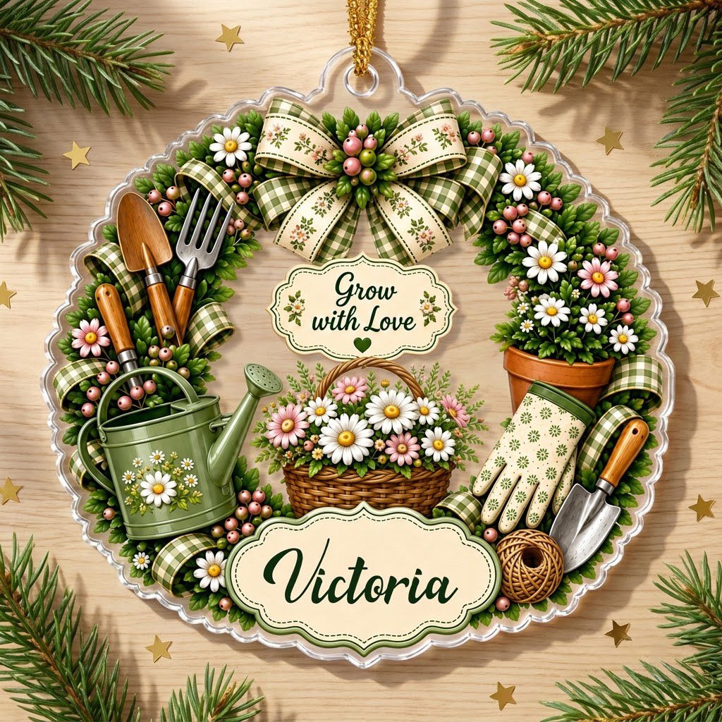 Scalloped acrylic ornament with a floral gardening wreath, tools, and "Grow with Love" plus a personalized name.