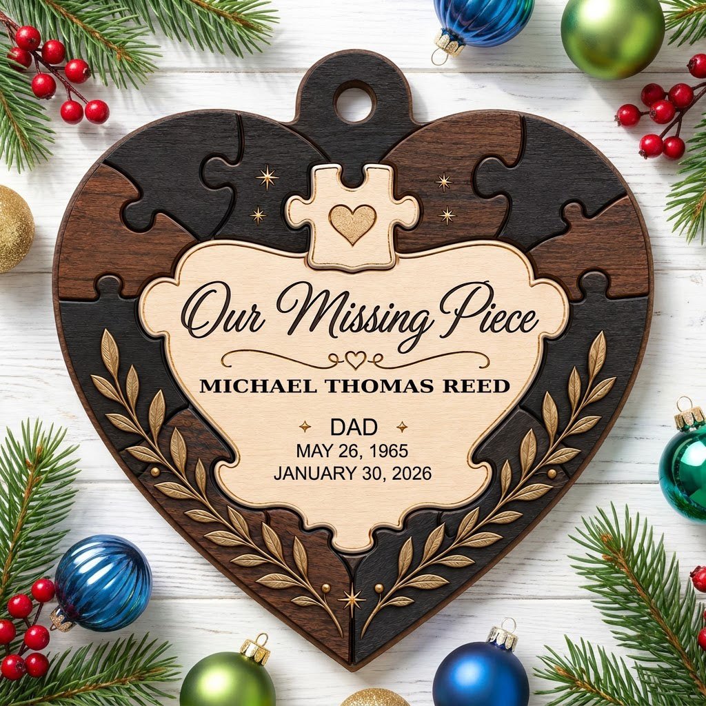 Heart wood ornament with puzzle-piece frame, Our Missing Piece title, laurel accents, personalized with name and dates.