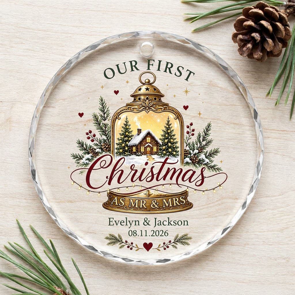 Round glass ornament with gold lantern, cozy cabin, pine branches, holly berries, and Our First Christmas as Mr & Mrs.
