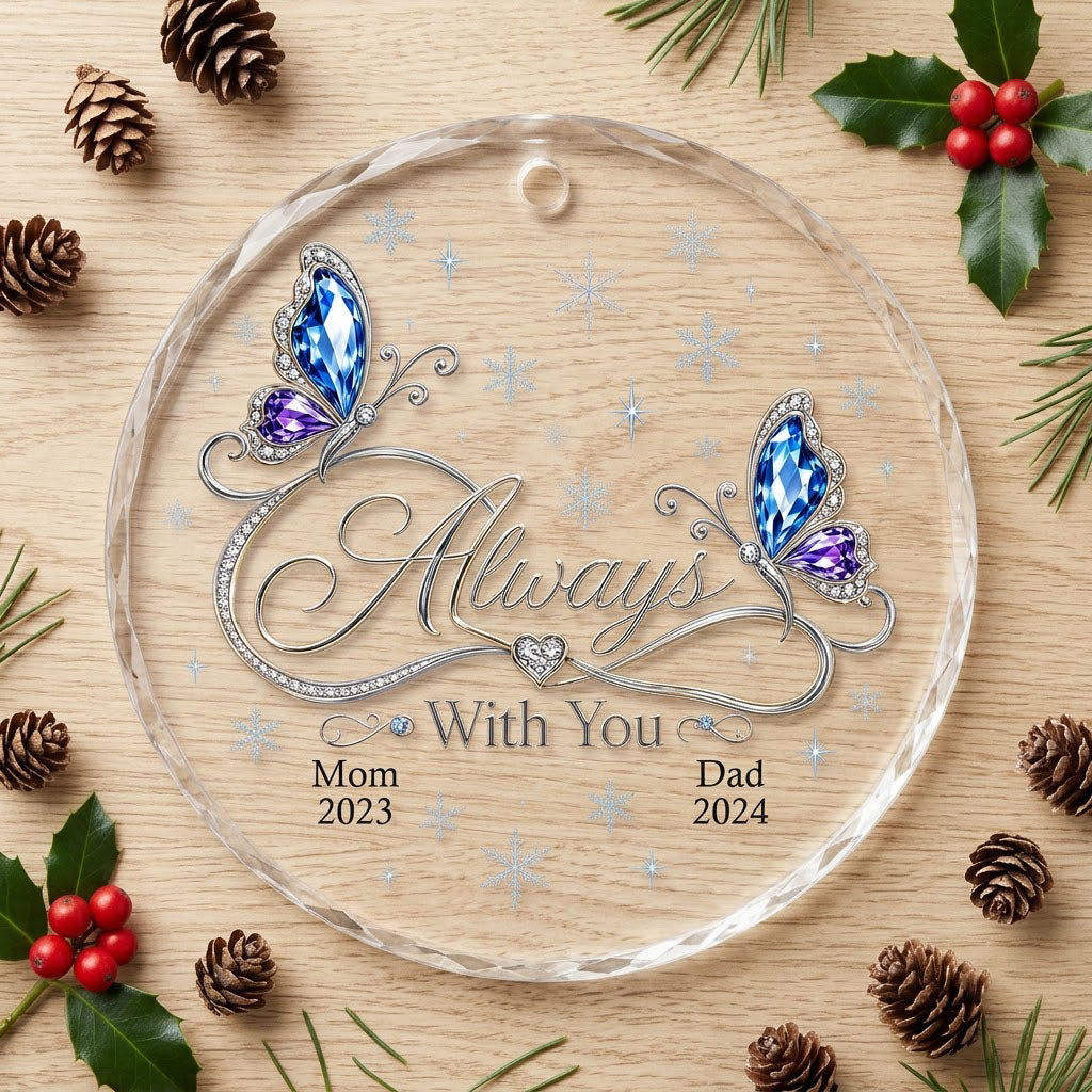 Round glass ornament with blue and purple jeweled butterflies, silver infinity heart, and light blue snowflakes.