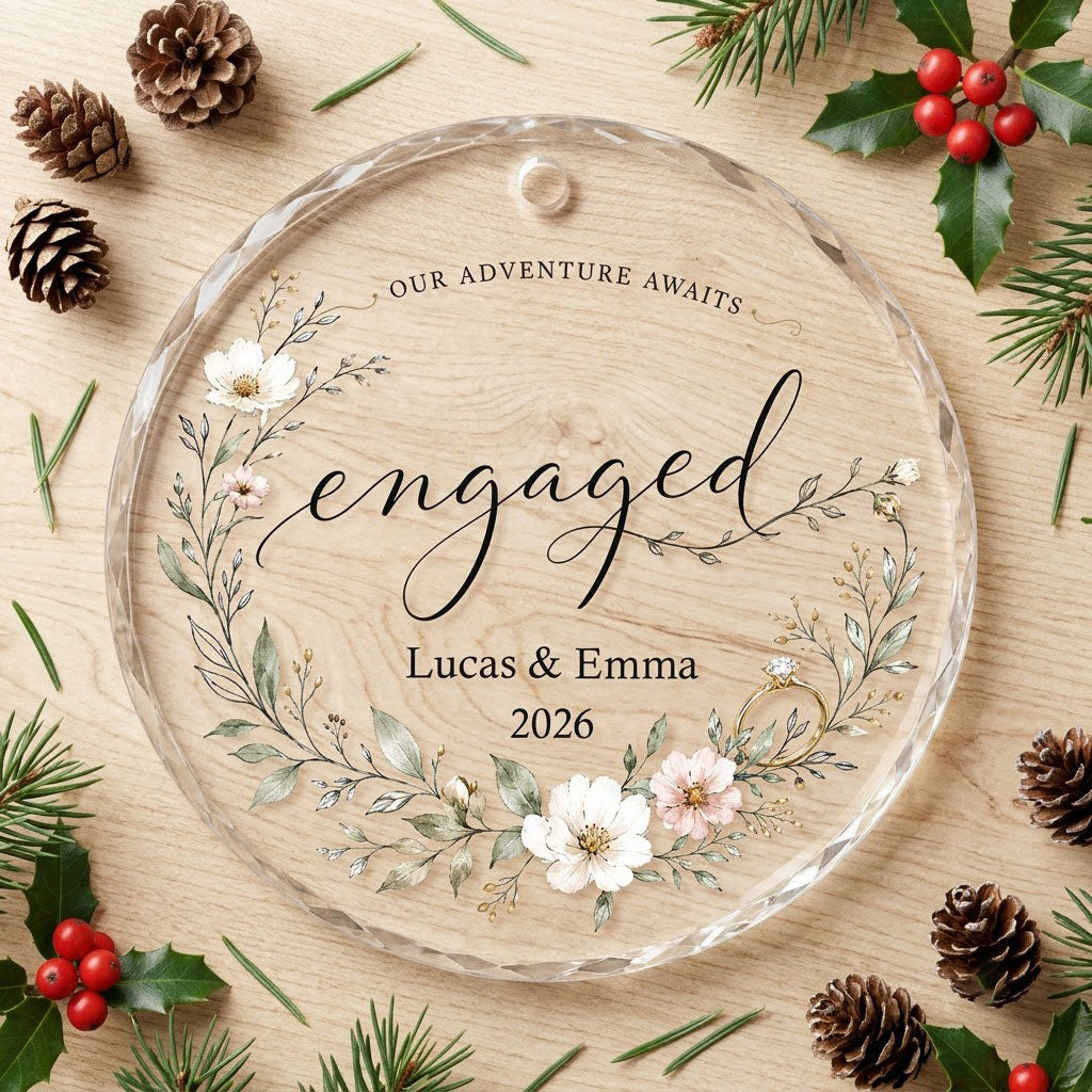 Personalized Our Adventure Awaits Floral Wreath Engaged Round Glass Ornament