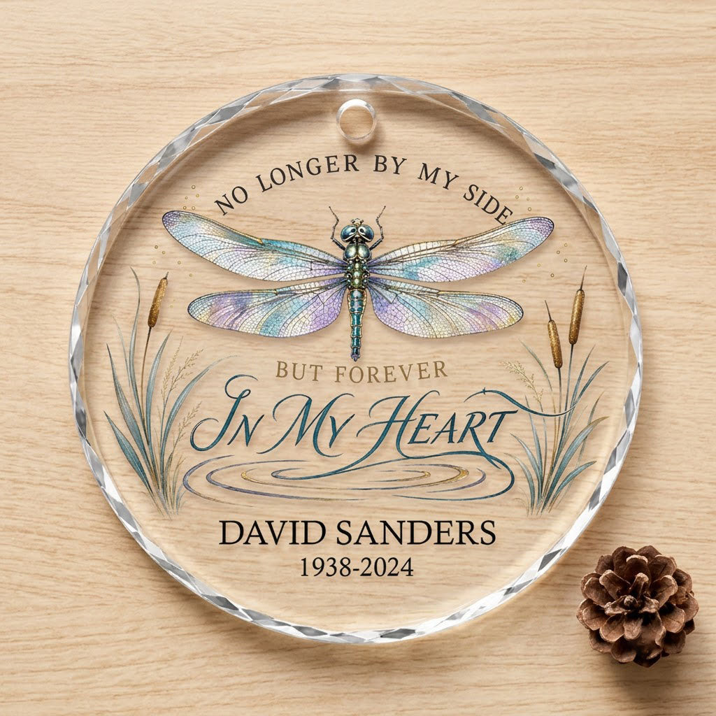 Personalized Dragonfly Memorial No Longer By My Side Round Glass Ornament