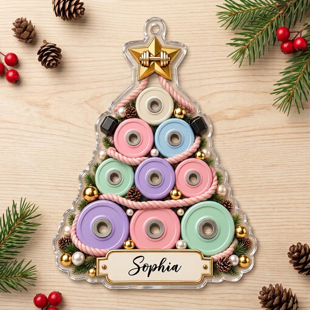 Acrylic Christmas tree ornament of stacked pastel weight plates with a gold star dumbbell and a cream name banner.