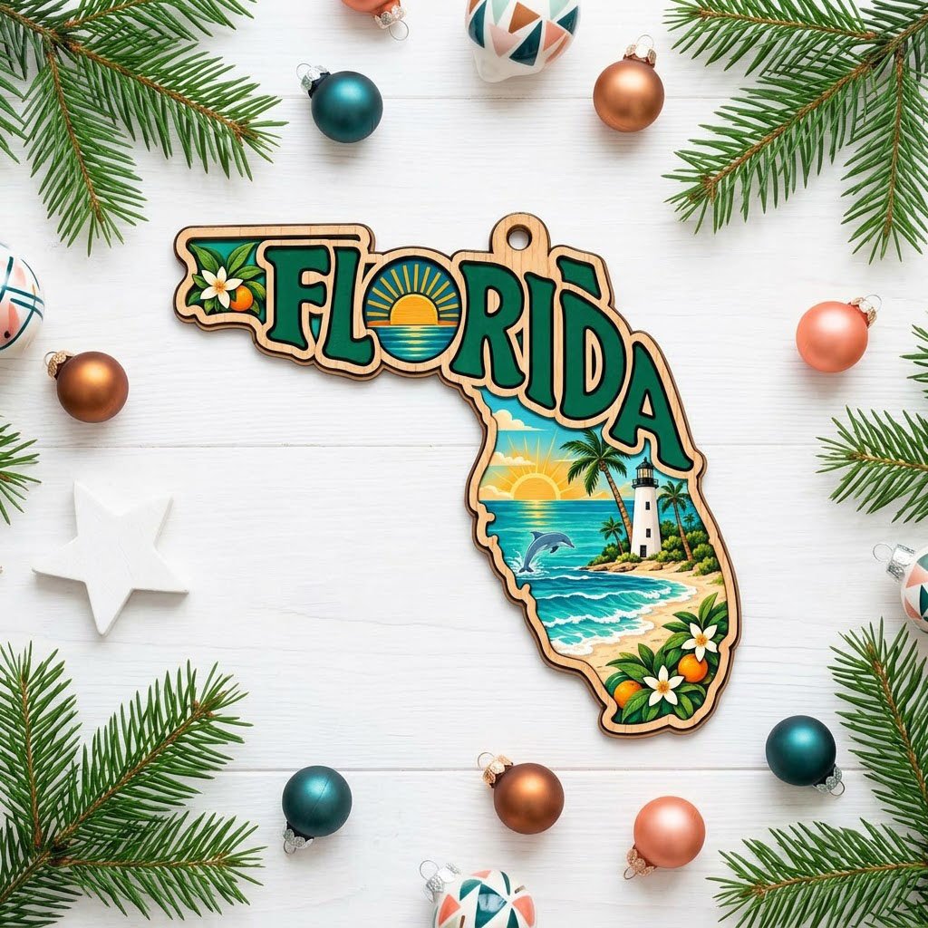 Florida state wood ornament with "FLORIDA", beach waves, dolphin, lighthouse, palm trees, and orange blossoms.