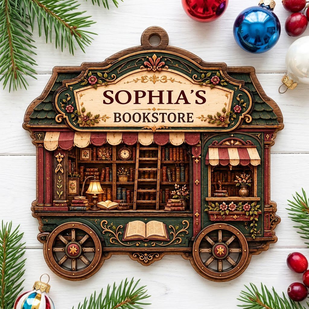 Custom-cut wood ornament shaped like a vintage bookstore wagon with books, ladder, and striped awnings.