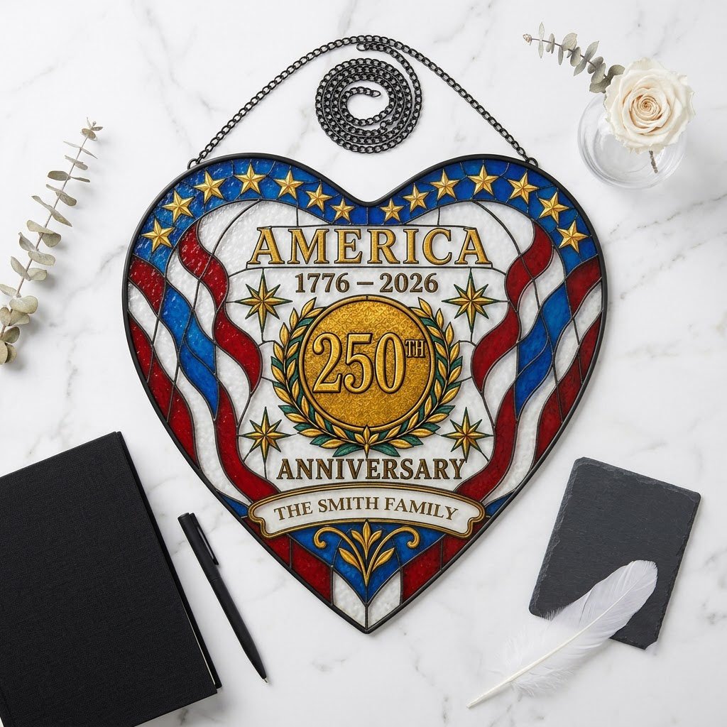 Heart suncatcher with red, white and blue stripes, gold medallion, laurel wreath, and 'America 1776–2026' text.