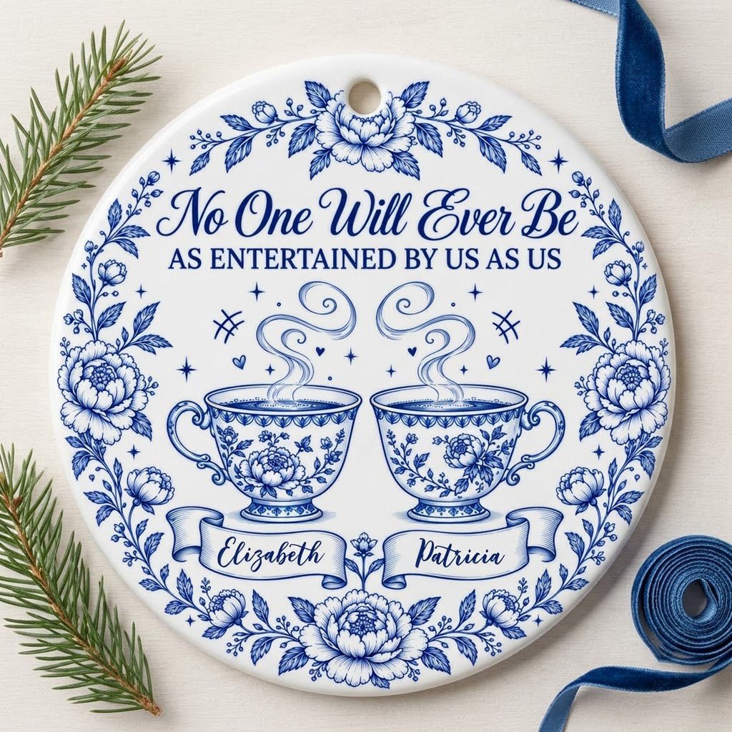 Round white ceramic ornament with blue floral border and two teacups, personalized with two names