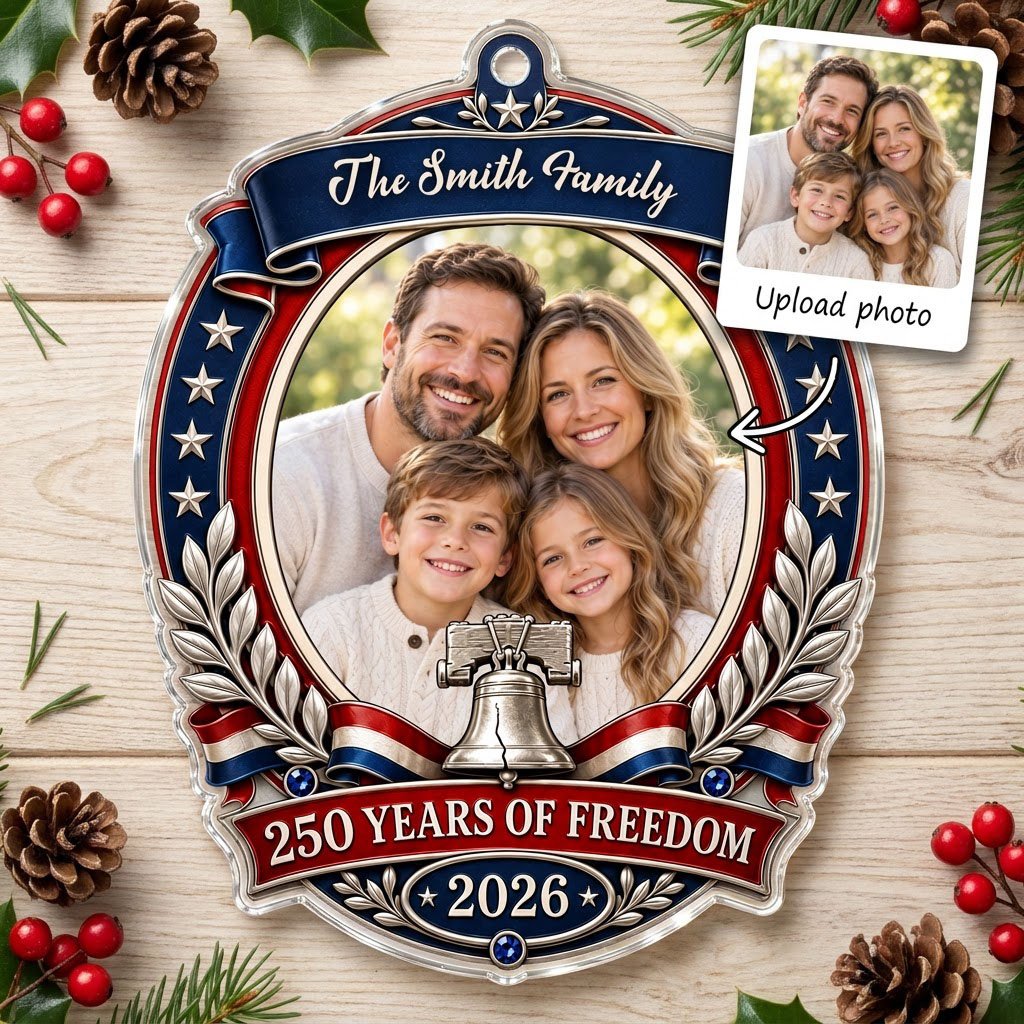 Custom-cut acrylic ornament with patriotic frame, center photo, silver Liberty Bell, laurel branches and blue star bands