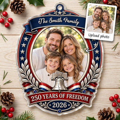 Custom-cut acrylic ornament with patriotic frame, center photo, silver Liberty Bell, laurel branches and blue star bands