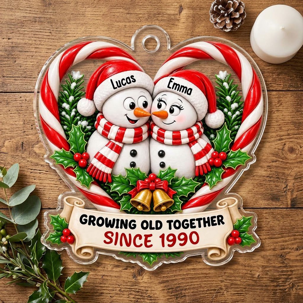 Two snowmen touching noses inside a candy-cane heart with holly, gold bells, and a scroll banner with names and year.