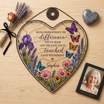 Personalized Retirement Purple Iris Wildflower Never Underestimate The Difference Happy Retirement Heart Stained Glass Suncatcher