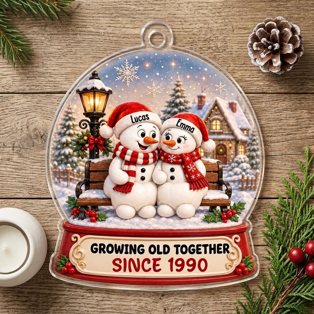 Acrylic snowglobe ornament with two snowmen on a bench, Santa hats, and Growing Old Together text.