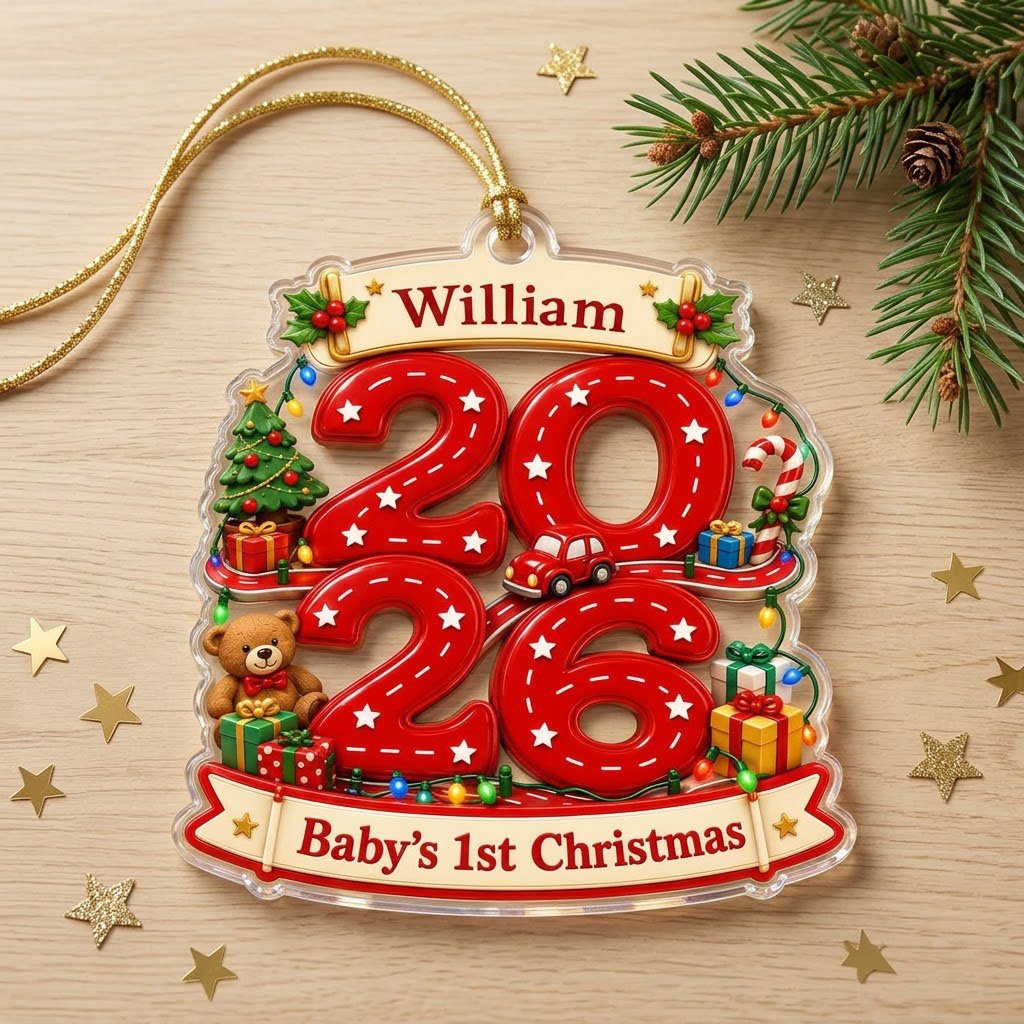 Custom-cut acrylic ornament with 'Baby's 1st Christmas', road-style 2026, holly banners, teddy bear and toy car.
