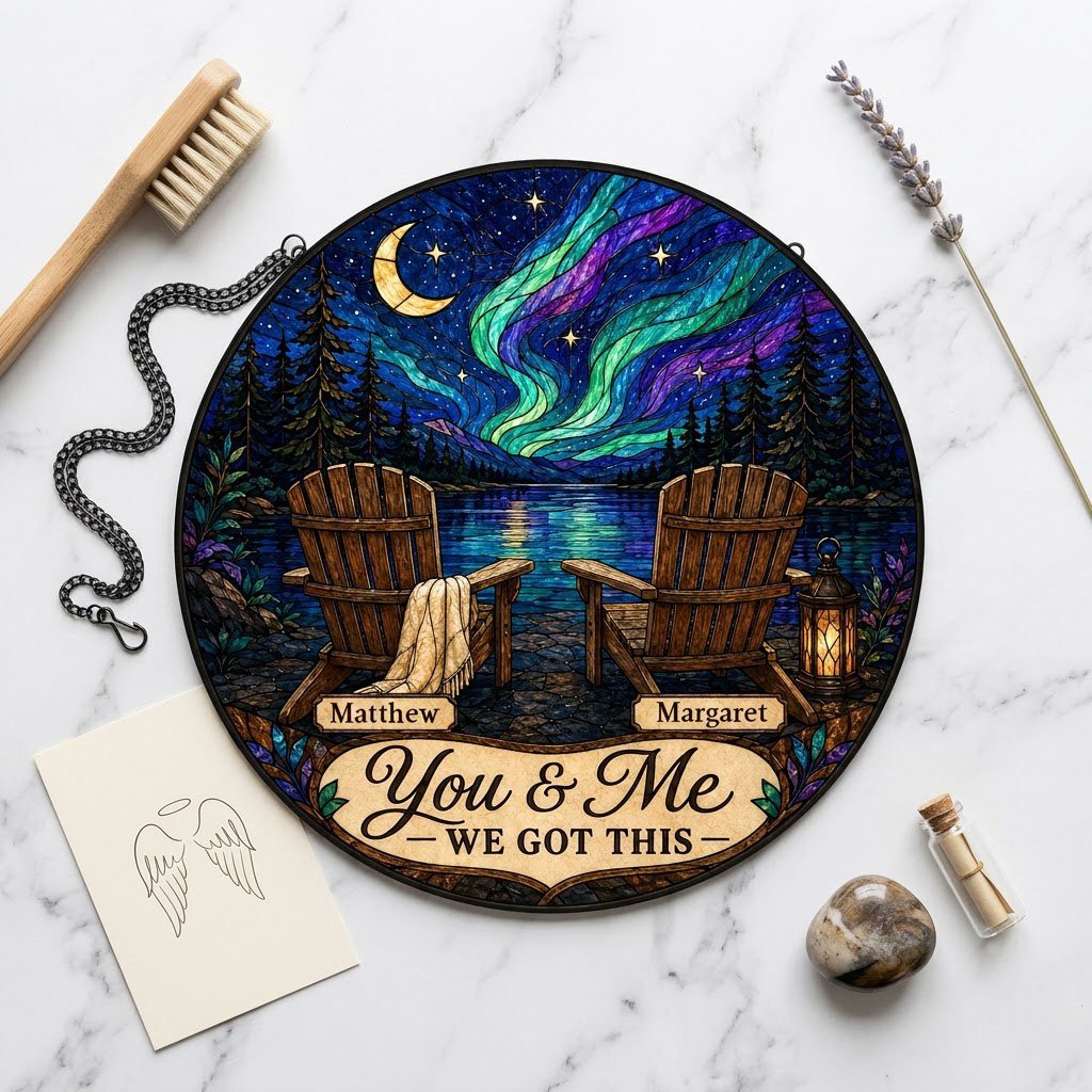 Round stained-glass style suncatcher with aurora, crescent moon, pine trees, lake, two chairs and a lantern.
