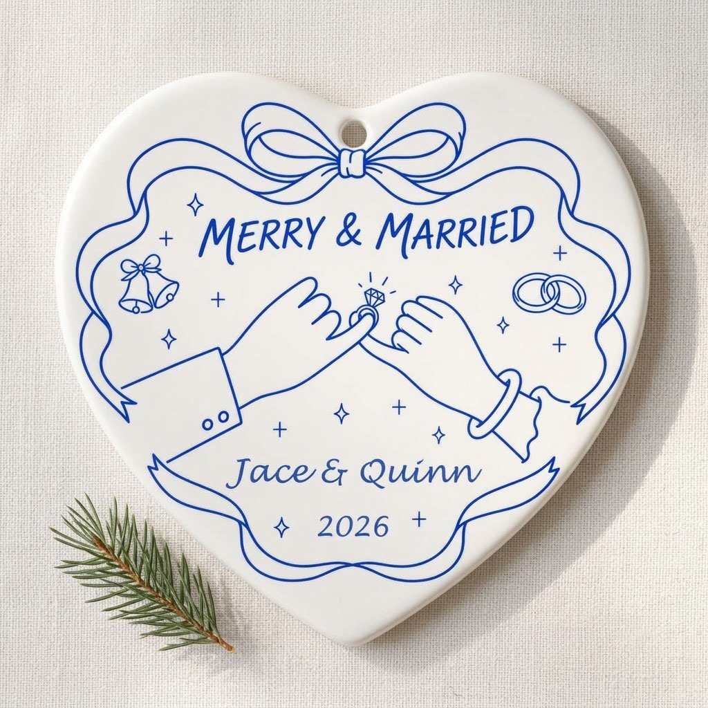 White heart ceramic ornament with blue line art: pinky promise hands, bells, rings, and MERRY & MARRIED text.