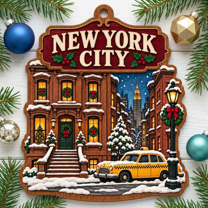 Custom-cut wood ornament with New York City brownstone, yellow taxi, street lamp, and snowy skyline with the Empire Stat