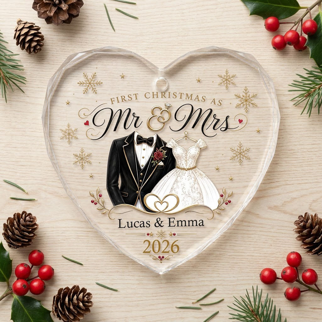 Personalized First Christmas as Mr & Mrs Tuxedo Gown Heart Glass Ornament