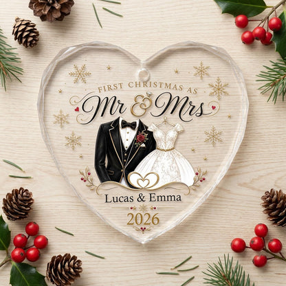 Personalized First Christmas as Mr & Mrs Tuxedo Gown Heart Glass Ornament