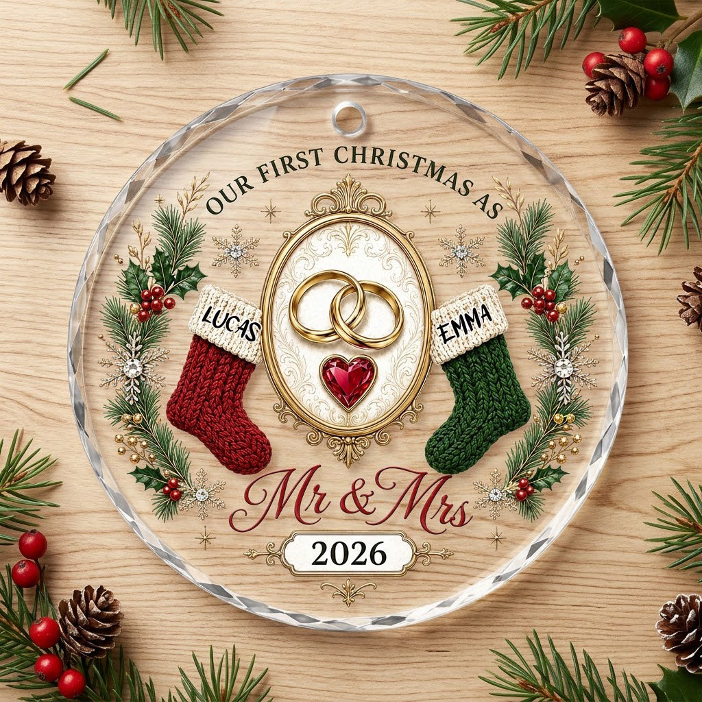Round glass ornament with gold rings, red heart gem, red and green stockings, pine branches and Mr & Mrs text.