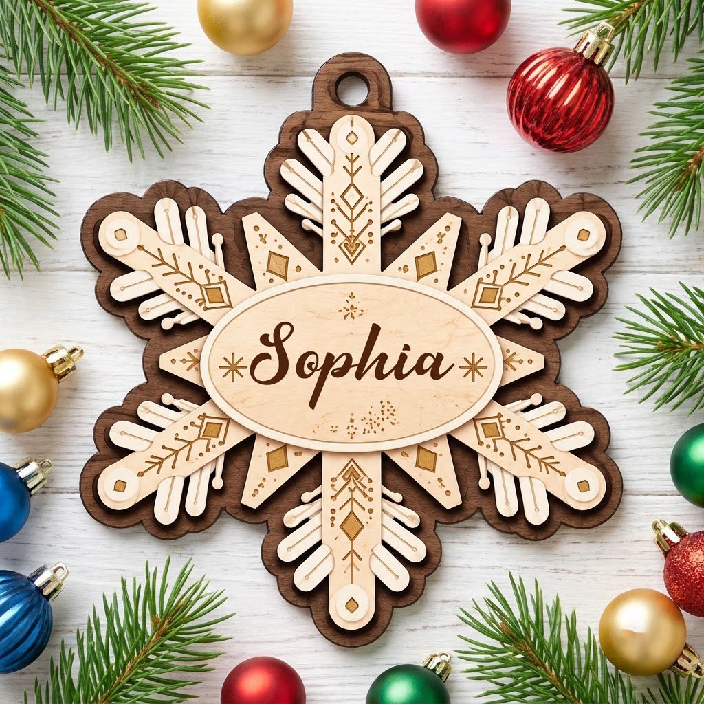 Layered wood snowflake ornament with geometric engravings and a central oval name plate for a custom name.