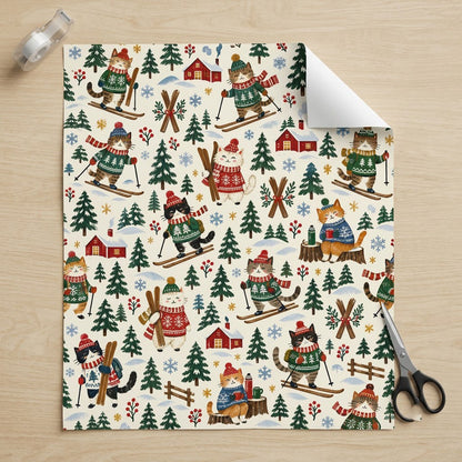 Wrapping paper featuring cartoon cats in winter gear skiing with pine trees, cabins, crossed skis and snowflakes.