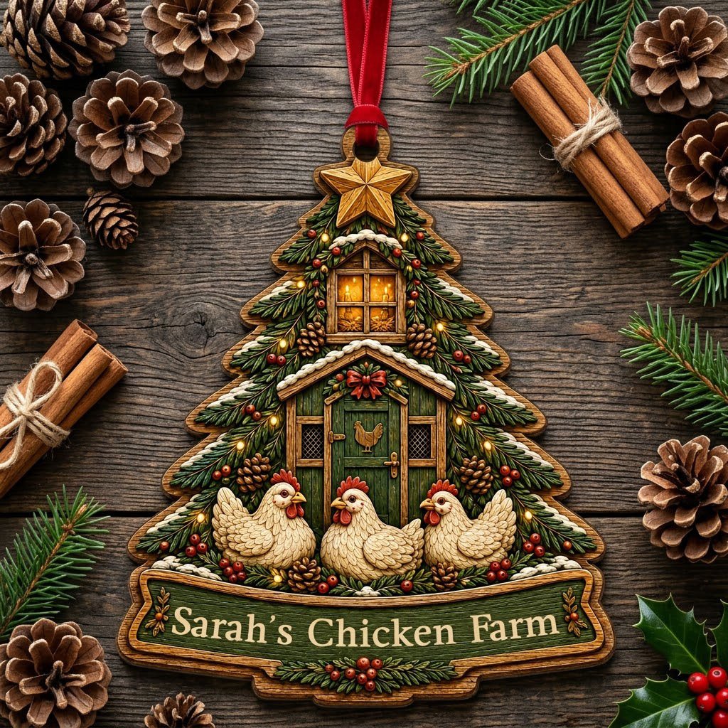 Personalized Christmas Tree Chicken Coop Wood Ornament, Custom Farmhouse Keepsake