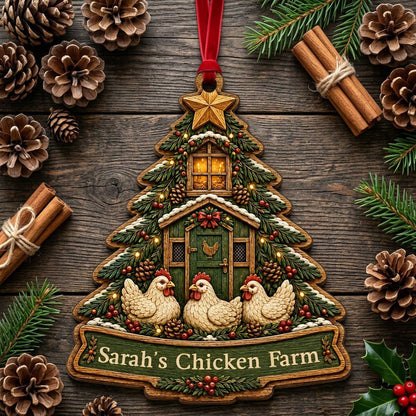 Personalized Christmas Tree Chicken Coop Wood Ornament, Custom Farmhouse Keepsake