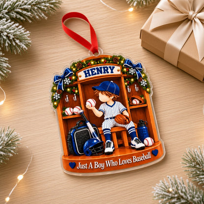 Custom acrylic ornament of a boy in a baseball locker with garland and snowflakes, personalized with his name.