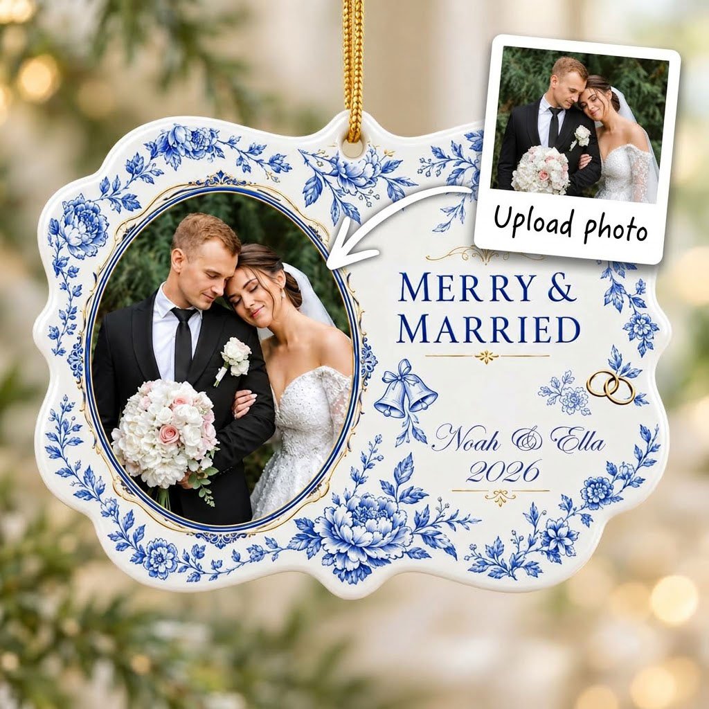 Scalloped ceramic ornament with blue floral border, 'MERRY & MARRIED', gold rings and bells, and a couple photo frame.