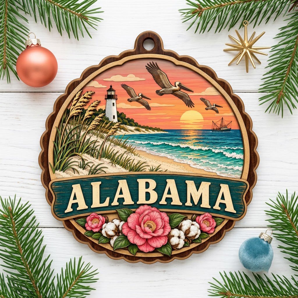 Scalloped wood ornament of an Alabama coastal scene with lighthouse, pelicans, camellias, cotton, and teal banner