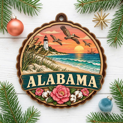 Scalloped wood ornament of an Alabama coastal scene with lighthouse, pelicans, camellias, cotton, and teal banner