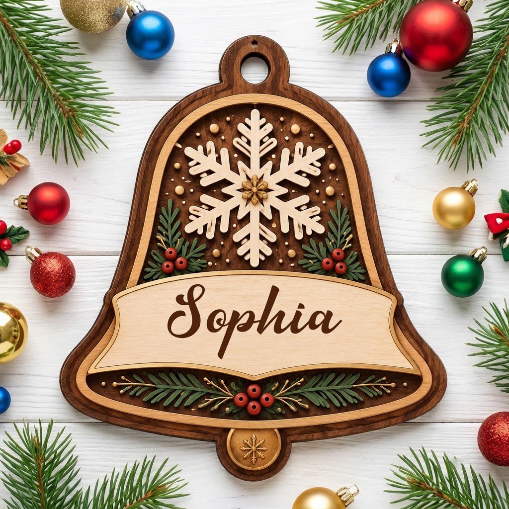 Personalized wooden bell ornament with snowflake, pine sprigs, red berries, and a name on the center banner.