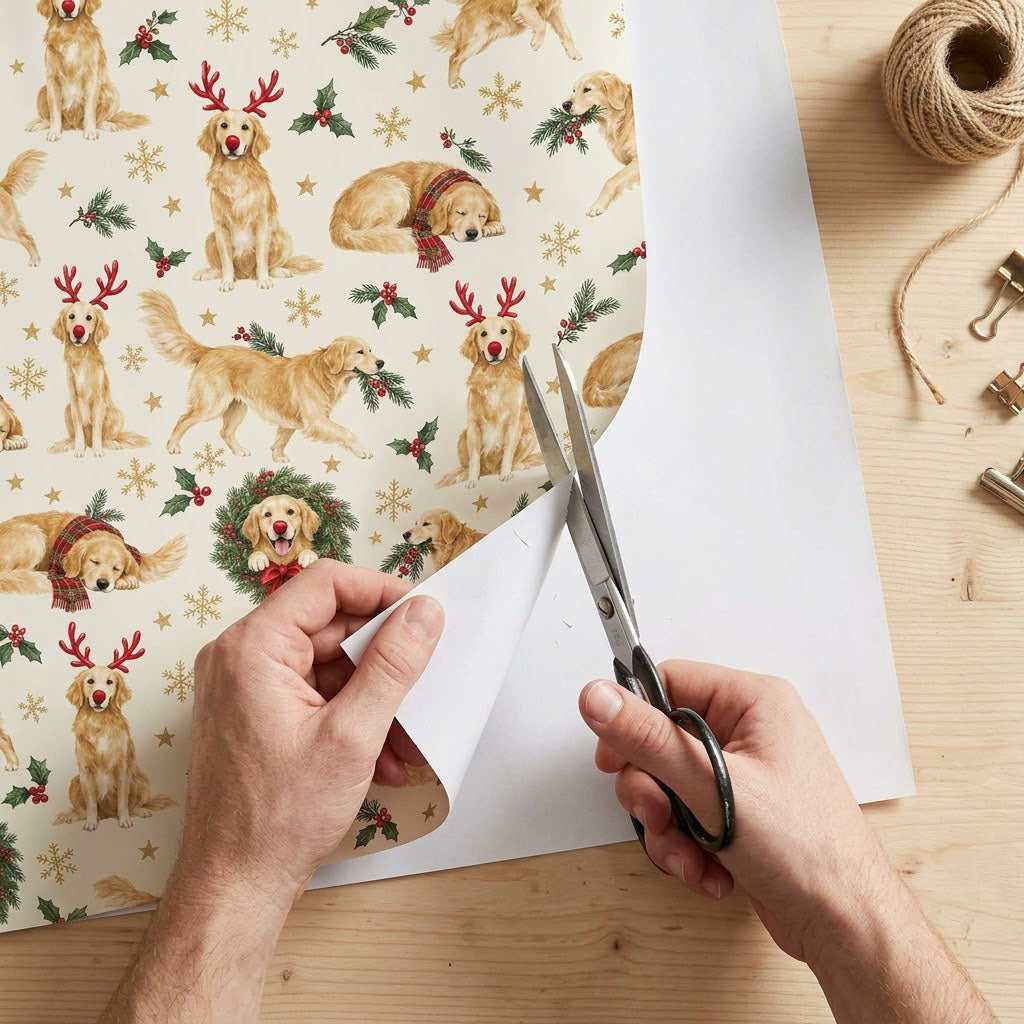 Cream wrapping paper with Golden Retriever dogs in antlers and scarves, wreaths, holly, snowflakes and stars.