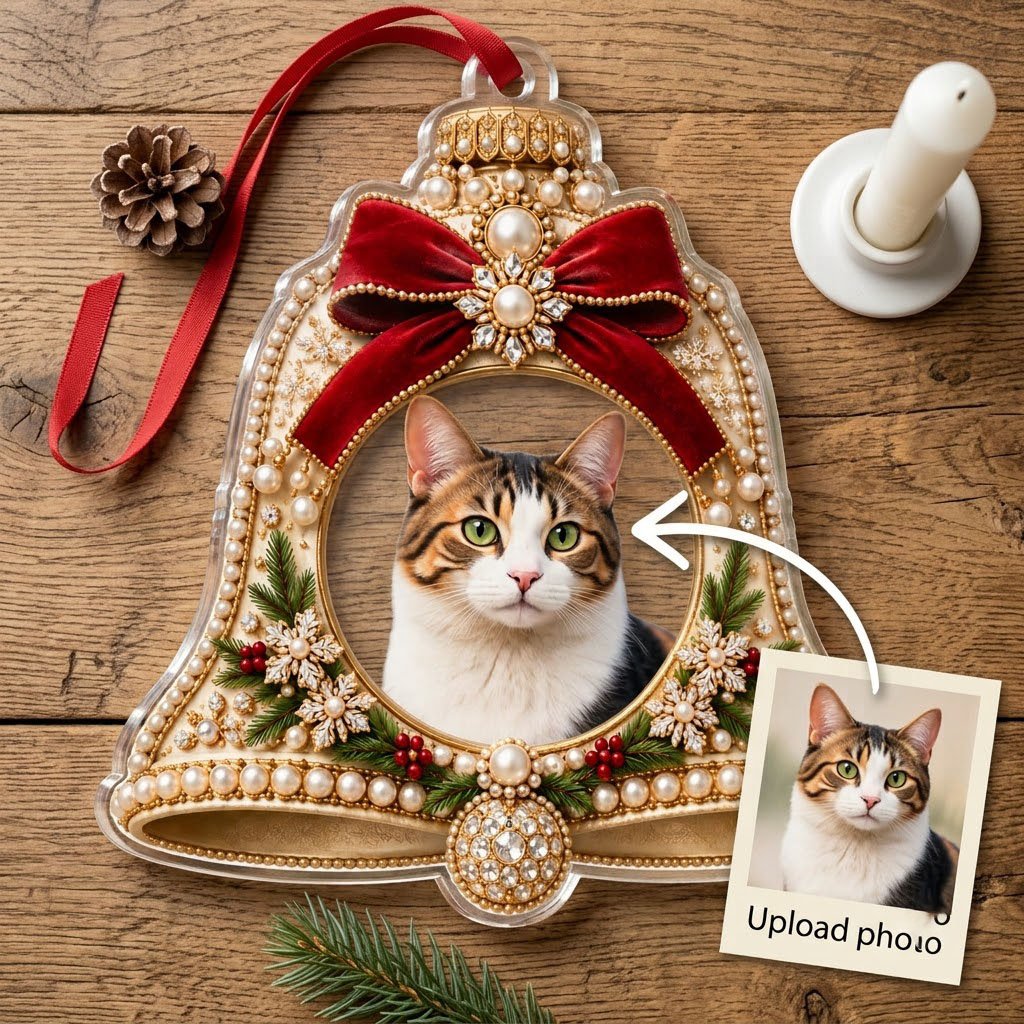 Bell-shaped acrylic ornament with red velvet bow, pearl and gold accents, and a central circular photo frame.