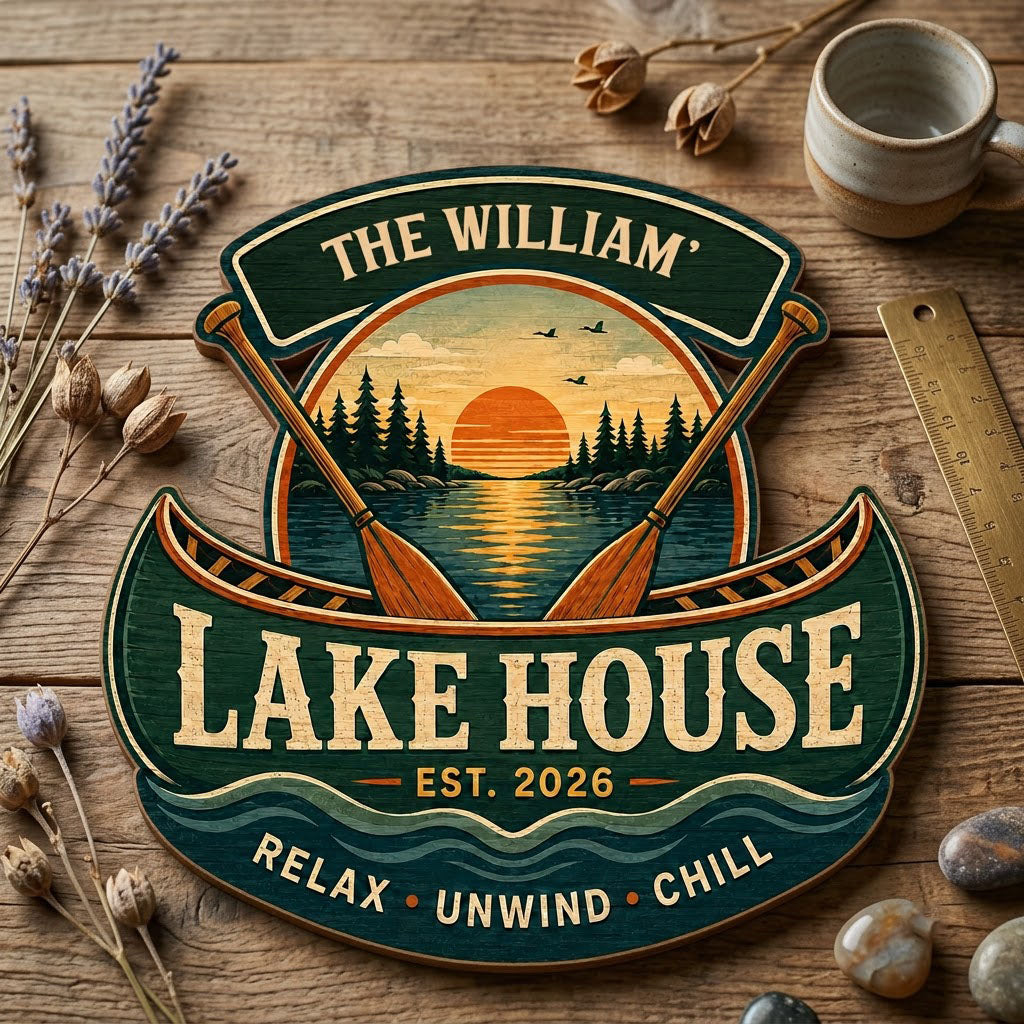 Personalized Lake House Canoe Sunset Wooden Hanging Sign