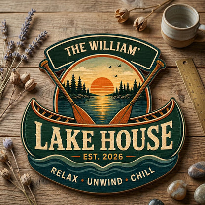 Personalized Lake House Canoe Sunset Wooden Hanging Sign