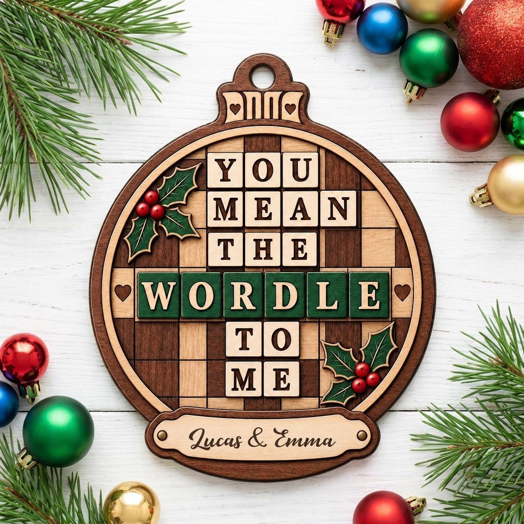 Bauble wood ornament with 'You Mean The Wordle To Me', green WORDLE tiles, holly and personalized names