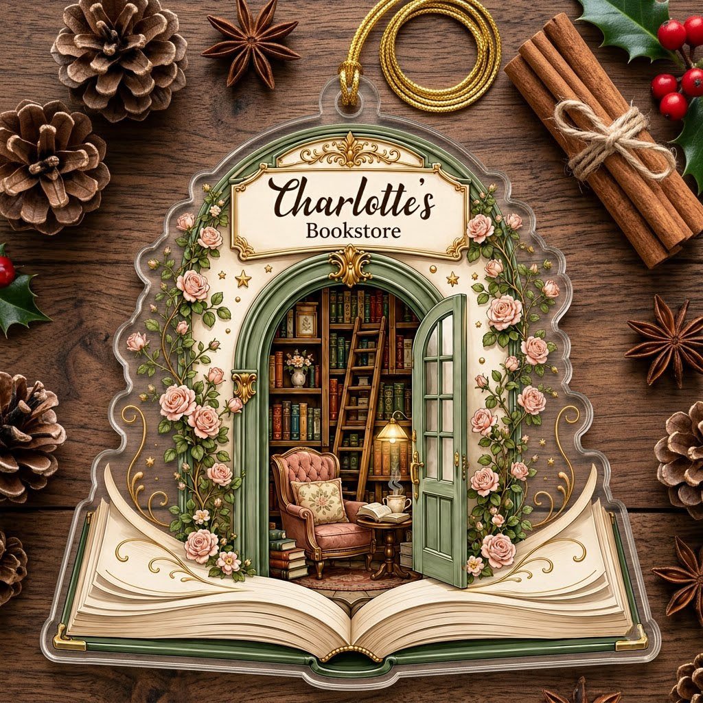 Personalized Pop-Up Book Library Acrylic Ornament, Custom Book Lover Keepsake