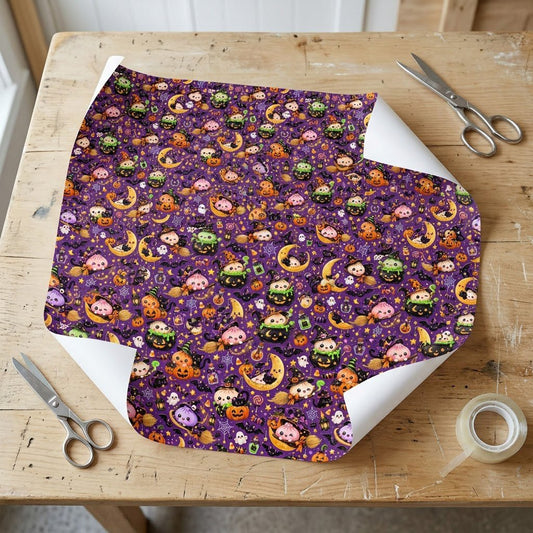 Purple Halloween wrapping paper with cute witches, ghosts, pumpkins, black cats, moons, stars and candy