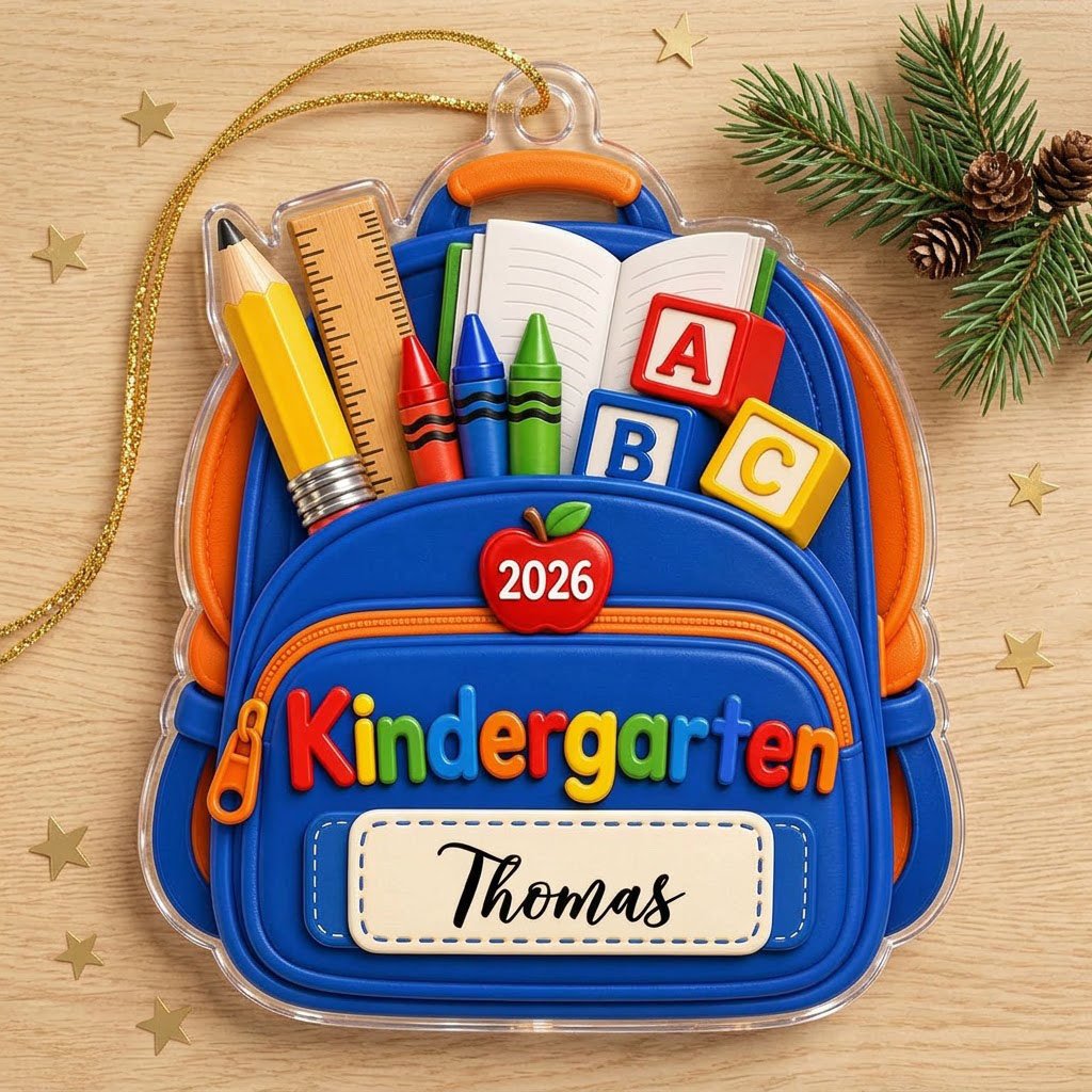 Acrylic ornament cut as a blue and orange school backpack with ABC blocks, 2026, Kindergarten, and a personalized name l