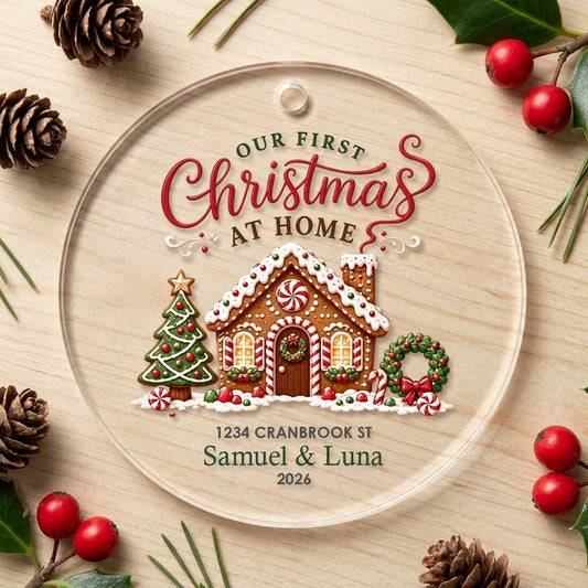 Personalized Our First Christmas at Home Gingerbread Cottage Round Glass Ornament