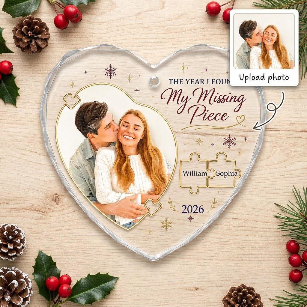 Heart glass ornament with gold puzzle pieces, couple photo, snowflakes, reading THE YEAR I FOUND My Missing Piece.