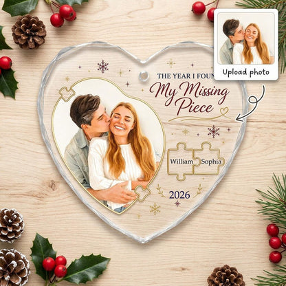 Heart glass ornament with gold puzzle pieces, couple photo, snowflakes, reading THE YEAR I FOUND My Missing Piece.