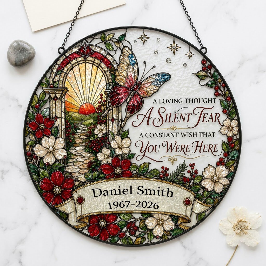 Personalized Butterfly Sunrise Pathway A Silent Tear Memorial Stained Glass Round Suncatcher
