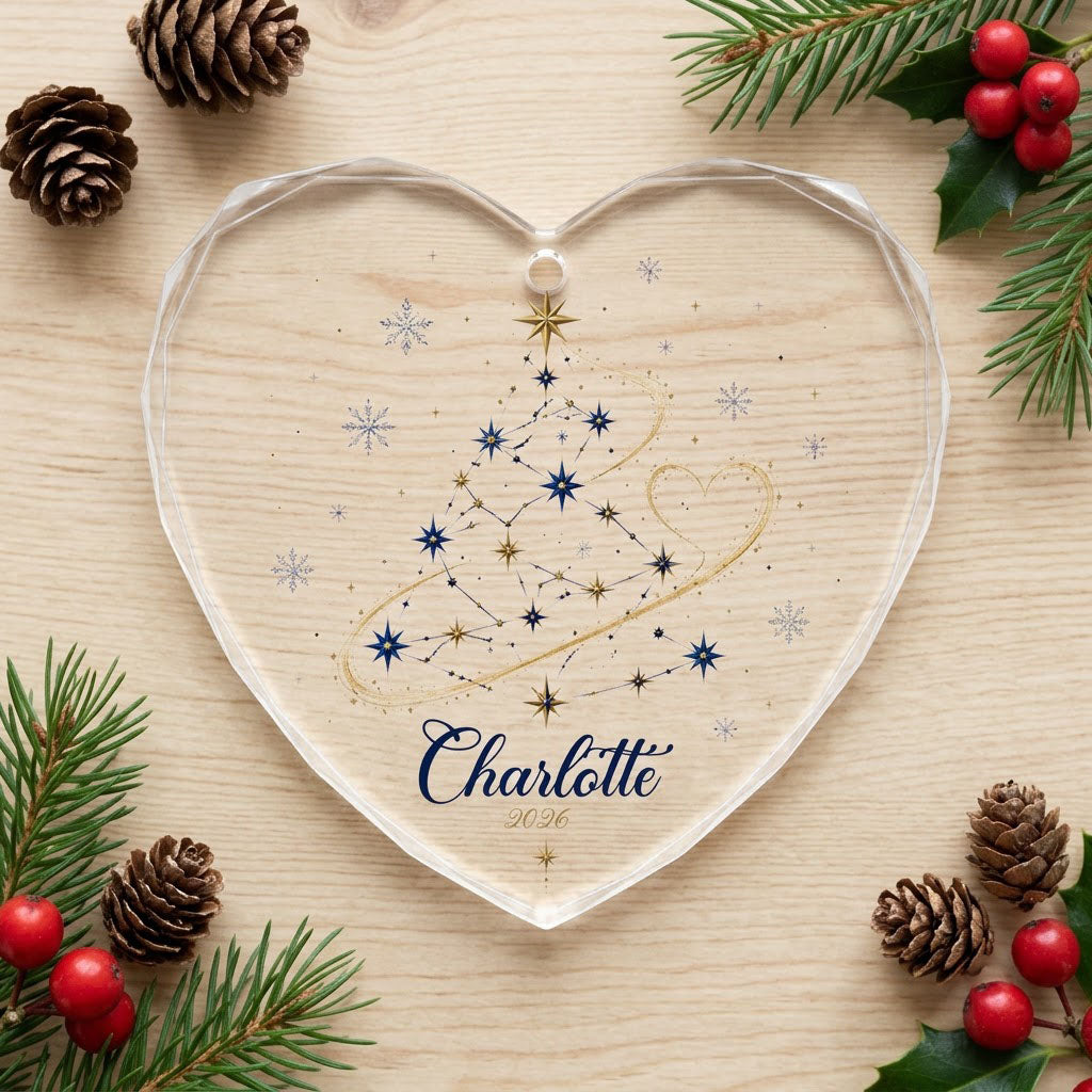Heart-shaped stained glass suncatcher with a starry Christmas tree, gold ribbon heart, and snowflakes.