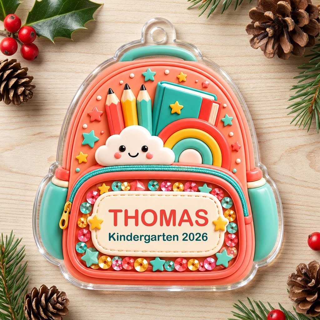 Coral backpack acrylic ornament with pencils, rainbow, smiling cloud, and 'THOMAS' Kindergarten 2026.